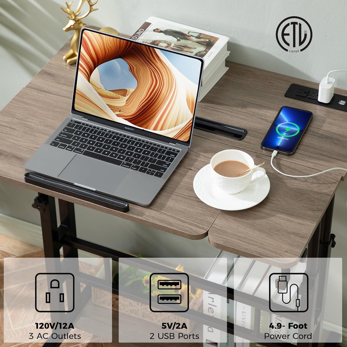 Hadulcet Stand Up Desk, Rolling Desk Adjustable Height, Mobile Standing with Wheels & Charging Station Grey or Rustic Brown