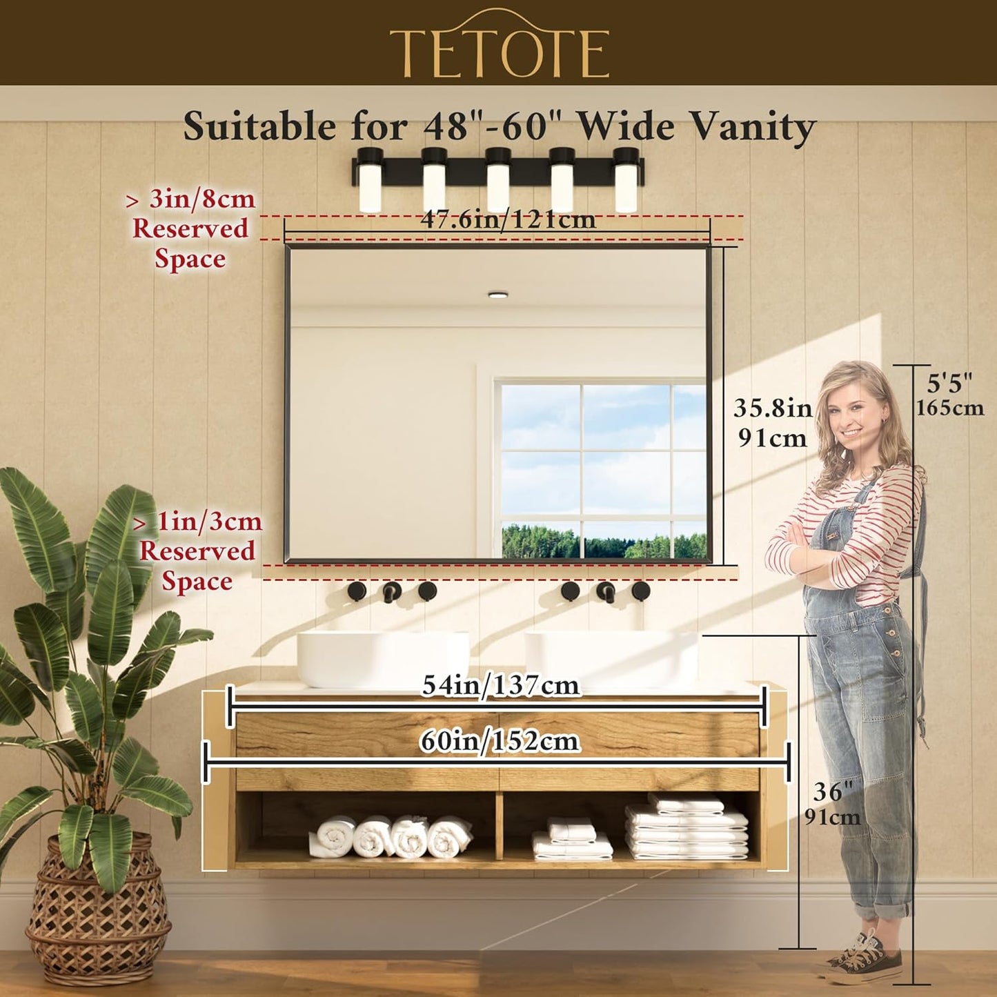 TETOTE Black Bathroom Mirror for Over Sink 48" x 36" Large Matte Black Beveled Metal Framed Rectangular Vanity Mirror for Bathroom, Bedroom, Entryway, Living Room, Tempered Glass, Shatterproof