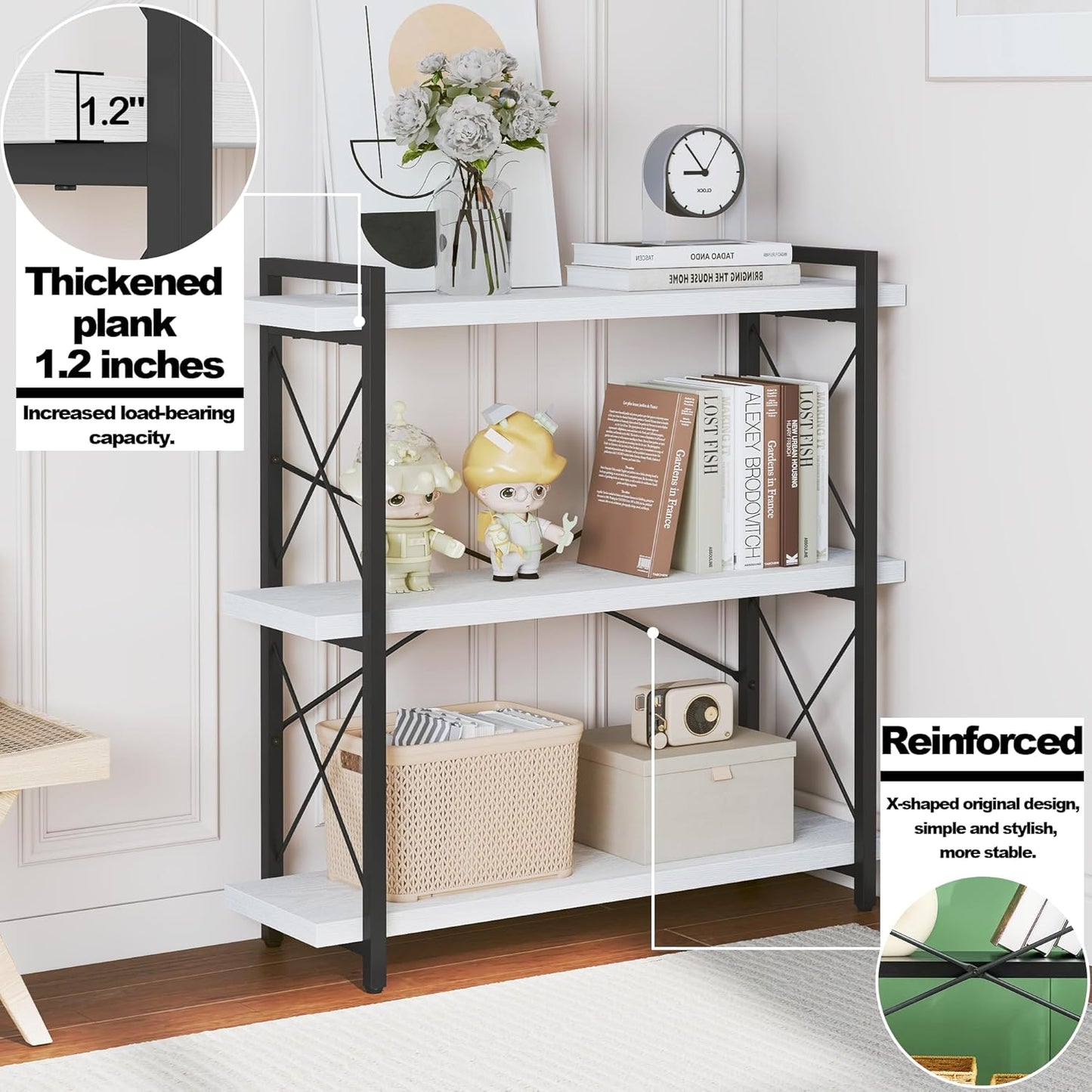 HCHQHS Bookshelf, 3-Tier Industrial Bookcase, Open Book Shelf, Freestanding Horizontal Bookshelves with Metal Frame