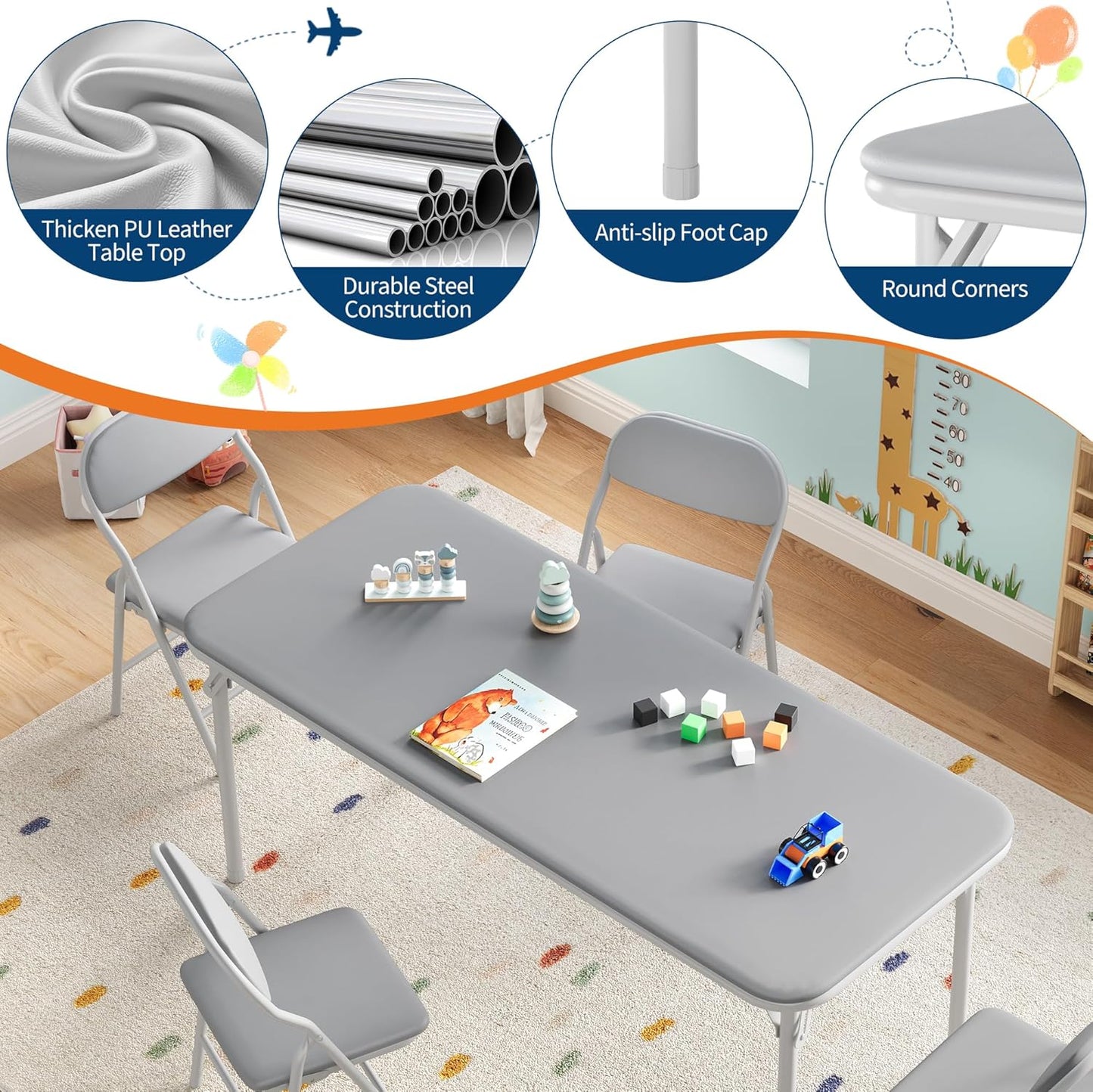 IDEALHOUSE 5 Piece Folding Kids Table and Chairs Set, Children's Activity Table and Chairs Set for Dining Room,Daycare,Classrooms