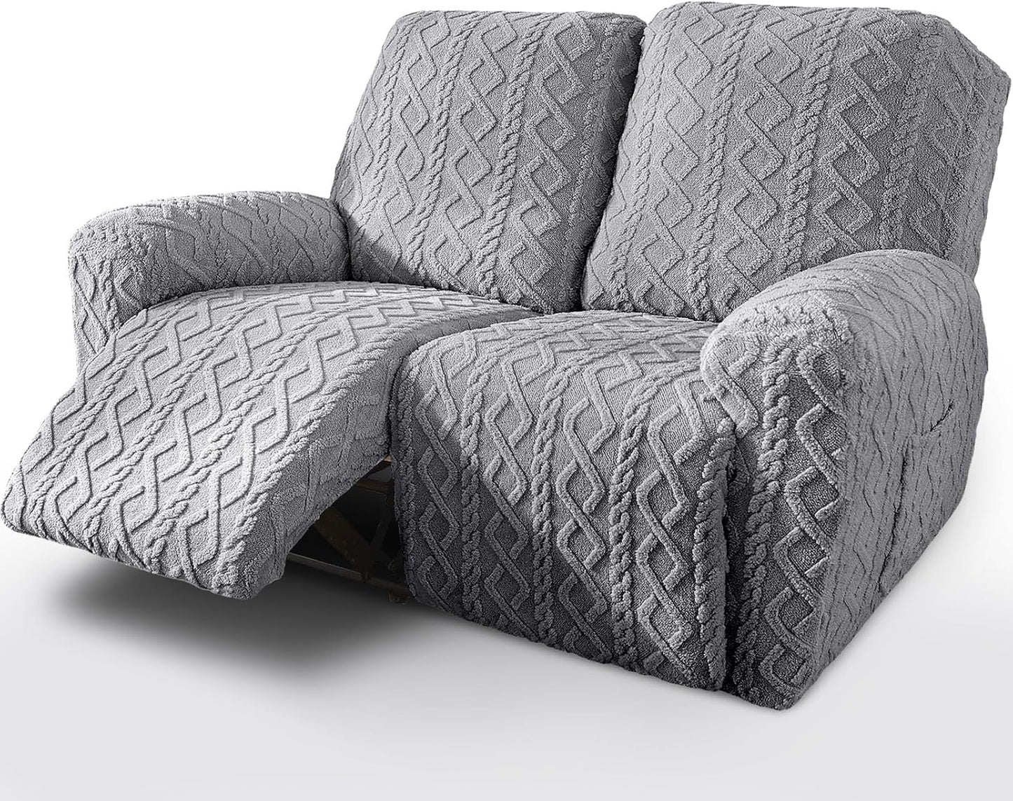 vctops 6 Pieces Geometric Jacquard Plush Recliner Loveseat Slipcovers Soft Fuzzy Fluffy Sofa Couch Cover Anti-Slip Furniture Protector with Elastic Bottom for Kids Cats Dogs(Grey,2 Seat)