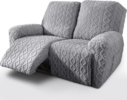 vctops 6 Pieces Geometric Jacquard Plush Recliner Loveseat Slipcovers Soft Fuzzy Fluffy Sofa Couch Cover Anti-Slip Furniture Protector with Elastic Bottom for Kids Cats Dogs(Grey,2 Seat)