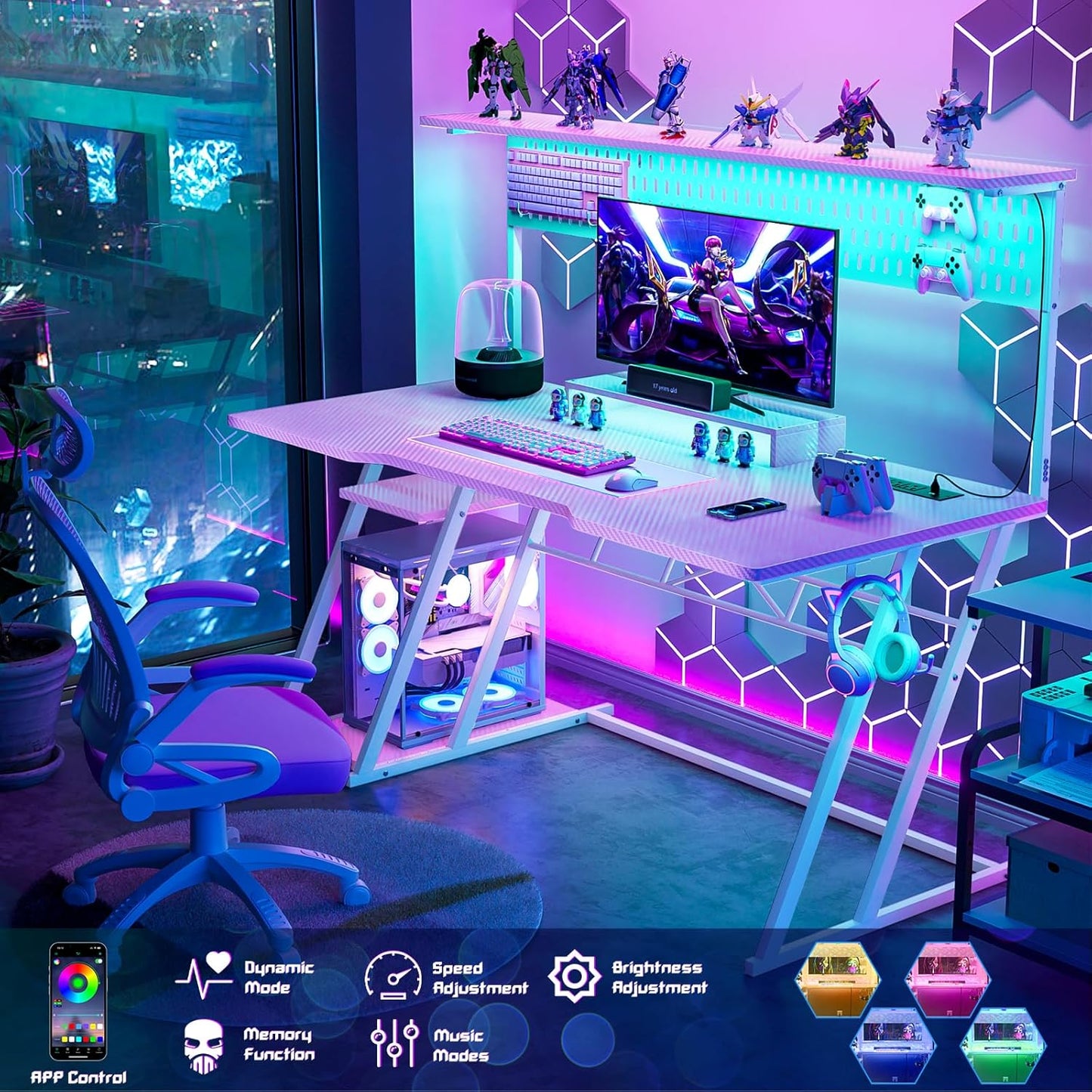 Armocity Pink Gaming Desk with Hutch and LED Lights, 53" Computer Desk with Storage Shelves, Reversible PC Gaming Desk with Pegboard, Gamer Desks for Bedroom, Carbon Fiber Surface