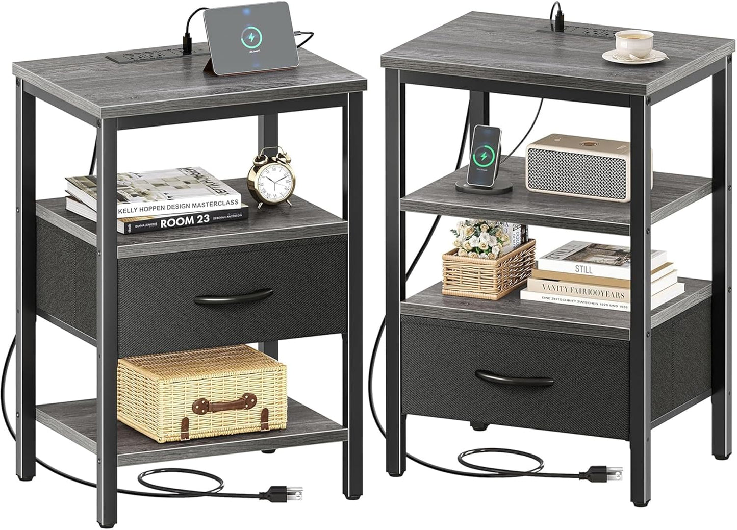 SUPERJARE Nightstand Set of 2, Bed Side Tables with Charging Station, Adjustable Fabric Drawer, Night Stand for Bedroom, 3-Tier Storage End Tables, for Living Room - Charcoal Gray