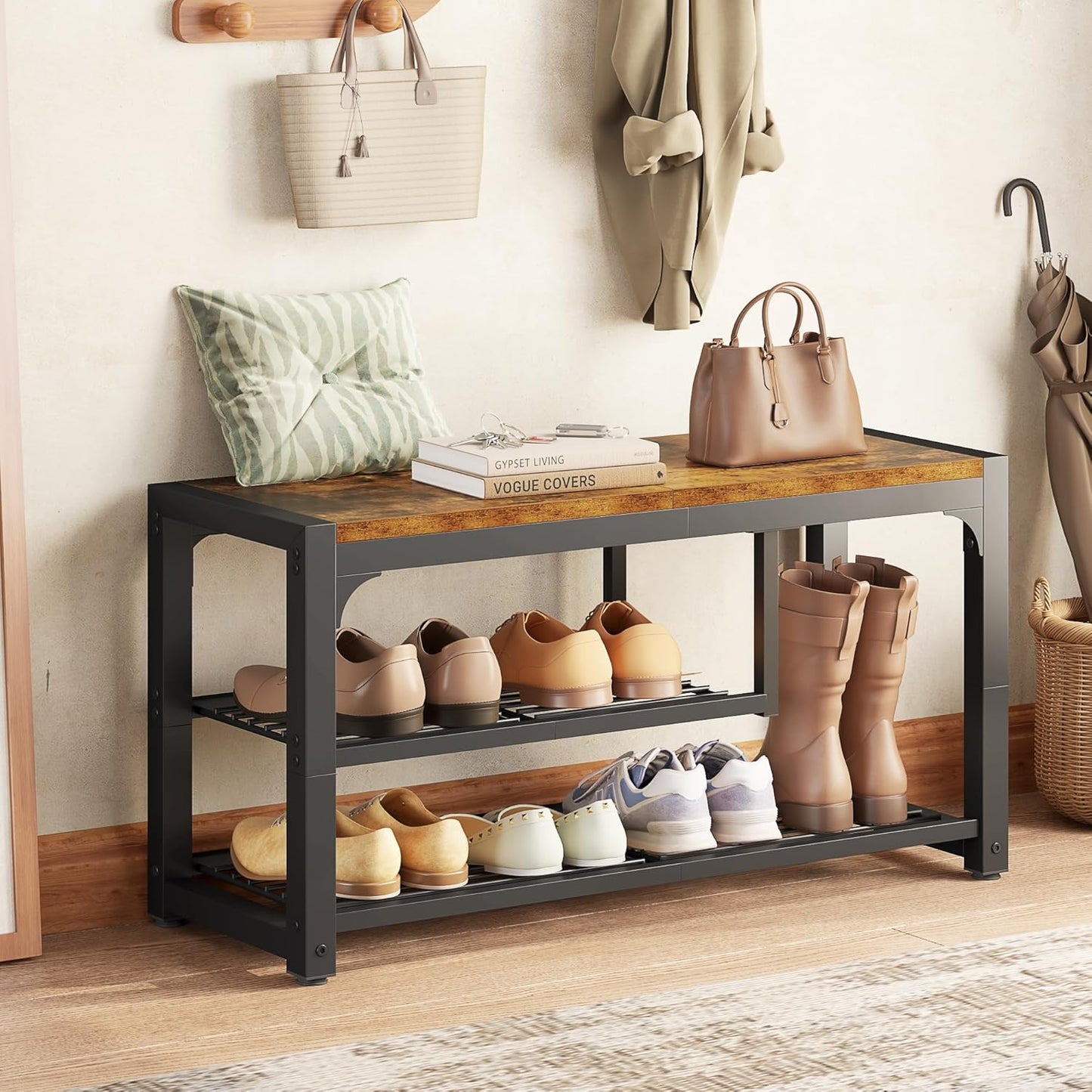 HOMEFORT Shoe Bench,3 Tiers Shoe Rack Bench,31.5" Shoe Storage Bench for Entryway, Retro Industrial Entry Bench with Mesh Shelves and Boot Storage,for Front Door Entrance, Rustic Brown