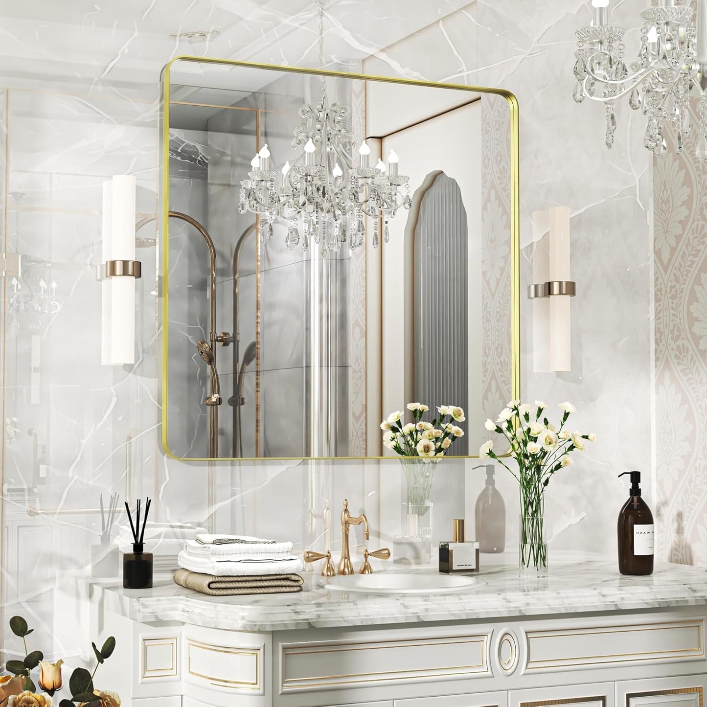36×36 Gold Bathroom Mirror, Rectangular Bathroom Vanity Mirror for Wall with Rounded Corners & Aluminum Alloy Frame, Tempered-Glass, Modern, Farmhouse, Horizontal/Vertical, Entryway, Bedroom