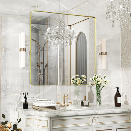 36×36 Gold Bathroom Mirror, Rectangular Bathroom Vanity Mirror for Wall with Rounded Corners & Aluminum Alloy Frame, Tempered-Glass, Modern, Farmhouse, Horizontal/Vertical, Entryway, Bedroom