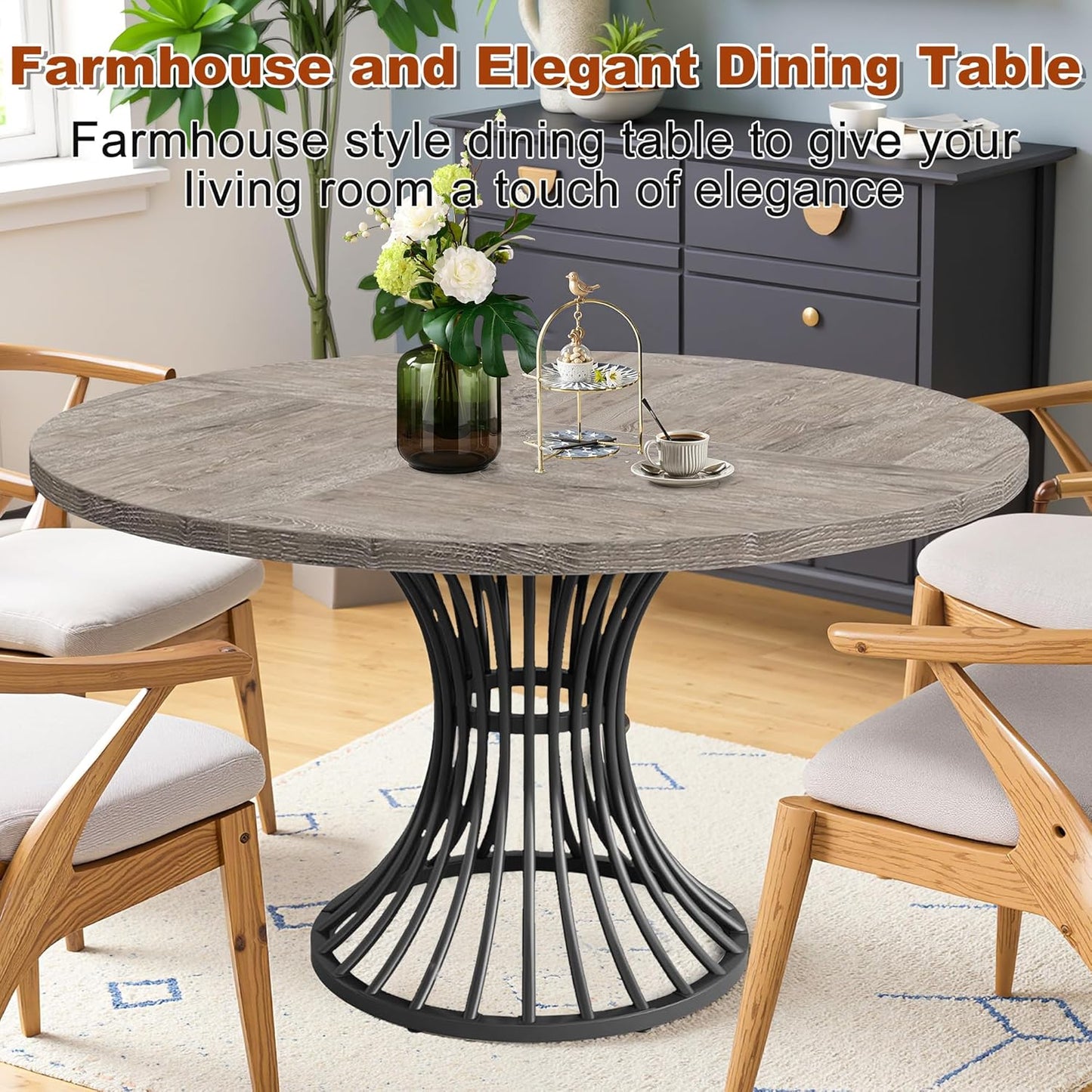 Round Dining Table for 4, 47-Inch Farmhouse Dinner Table Wooden Circle Kitchen Tables with Metal Base for Dining Room, Kitchen, Living Room, Grey and Black