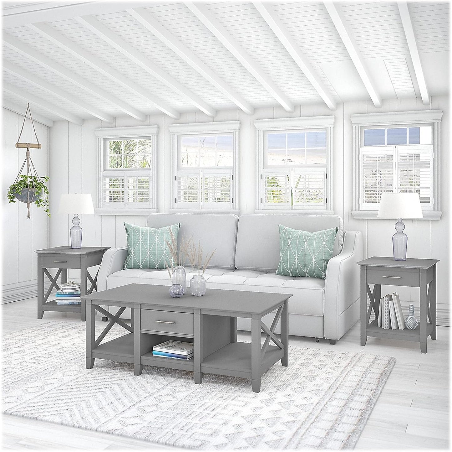 Bush Furniture Key West Coffee Table with Set of 2 End Tables in Cape Cod Gray