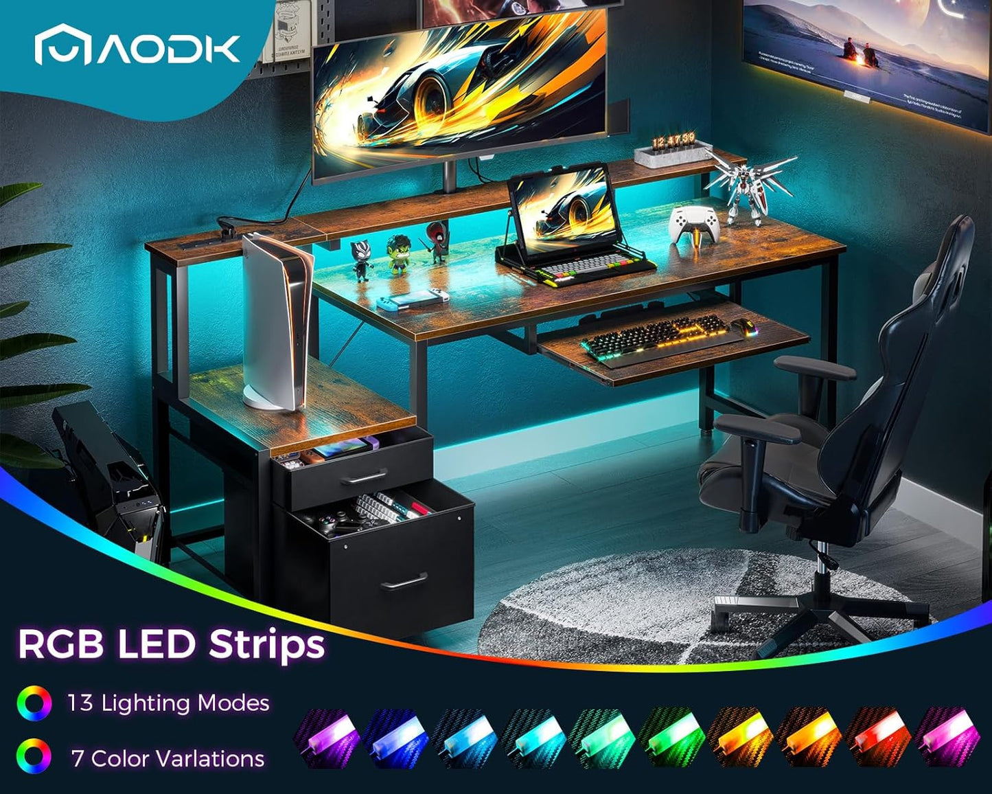 AODK Computer Desk with Drawers and Keyboard Tray, 55" Office Desk with Power Outlet and LED Lights, Reversible Study Work Desk with Printer Shelf and PC Stand for Home Office, Vintage