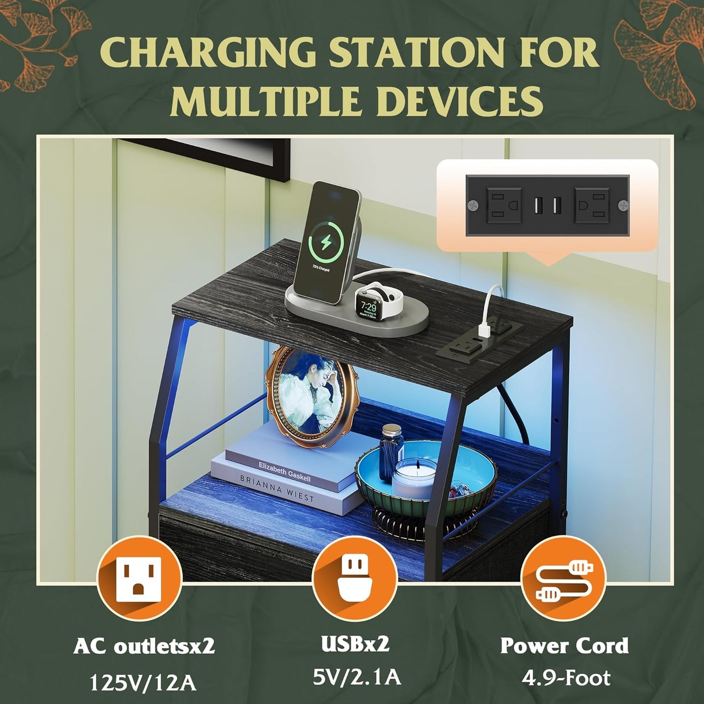 WLIVE Nightstand with Charging Station, Black Night Stand with LED Light, Tall 4 Drawer Dresser for Bedroom, 37" H Bedside Table with Fabric Storage Bins, Open Wood Shelf, Metal Frame