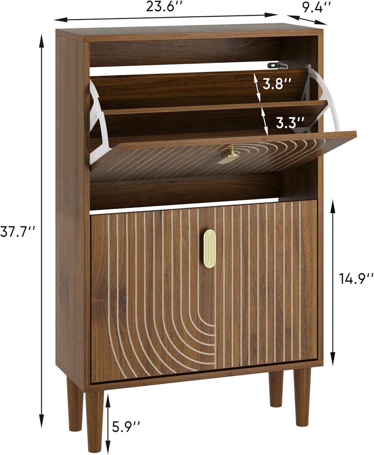 Smuxee Shoe Cabinet with 2 Flip Drawers, 23.6" Walnut Hidden Shoe Storage Cabinet with Line Groove Design, Freestanding Shoe Organizer Cabinet for Entryway, Hallway, Living Room