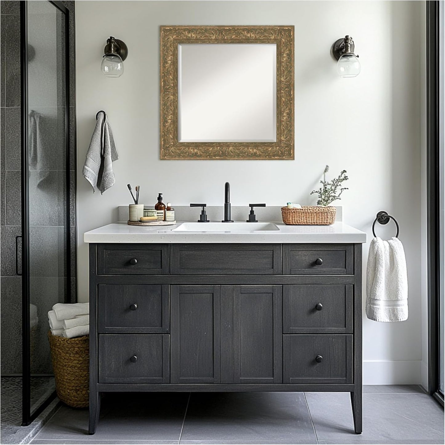 Amanti Art Bronze Bathroom Mirror for Over Sink, 27x27 Luxe Bronze Gold Square Vanity Mirror, Medium Traditional Frame, Hangs Horizonally and Vertically, Bathroom Wall Decor, Beveled Edge