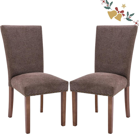 Parsons Dining Chairs Set of 2, Upholstered Nailhead Dining Room Kitchen Side Chair with Thick Cushions and Wood Legs, Brown