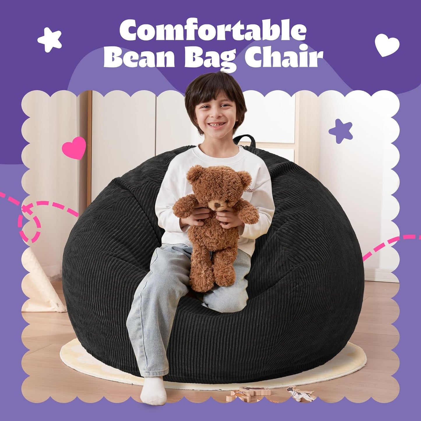 HABUTWAY 2 FT Bean Bag Chair,Giant Bean Bag Chairs,Big Bean Bags with Memory Foam Filled, Large Beanbag Chairs with Soft Corduroy Cover-Black