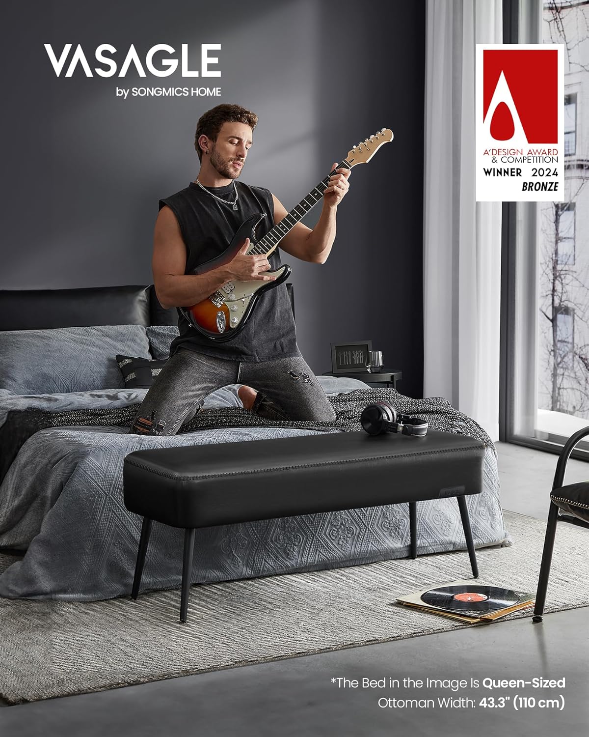 VASAGLE EKHO Collection - Bench for Entryway Bedroom, Synthetic Leather with Stitching, Ottoman Bench with Steel Legs, Living Dining Room, Mid-Century Modern, Loads 660 lb, Ink Black ULOM076B01