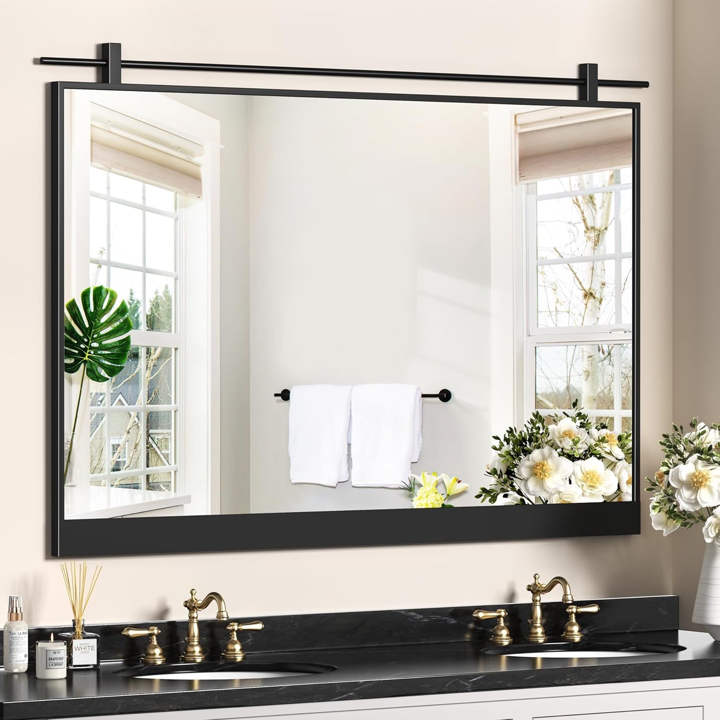 40x28 Inch Rectangle Bathroom Vanity Mirror for Wall Mounted Over Sink Farmhouse Rustic Matte Black Frame Barn Door Mirrors Foyer Entryway Decor