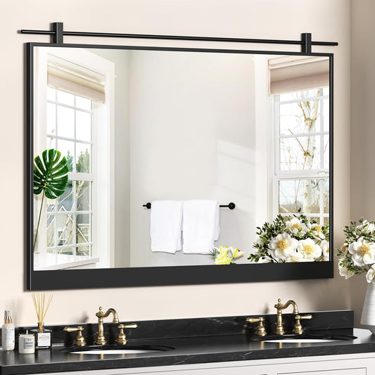 40x28 Inch Rectangle Bathroom Vanity Mirror for Wall Mounted Over Sink Farmhouse Rustic Matte Black Frame Barn Door Mirrors Foyer Entryway Decor