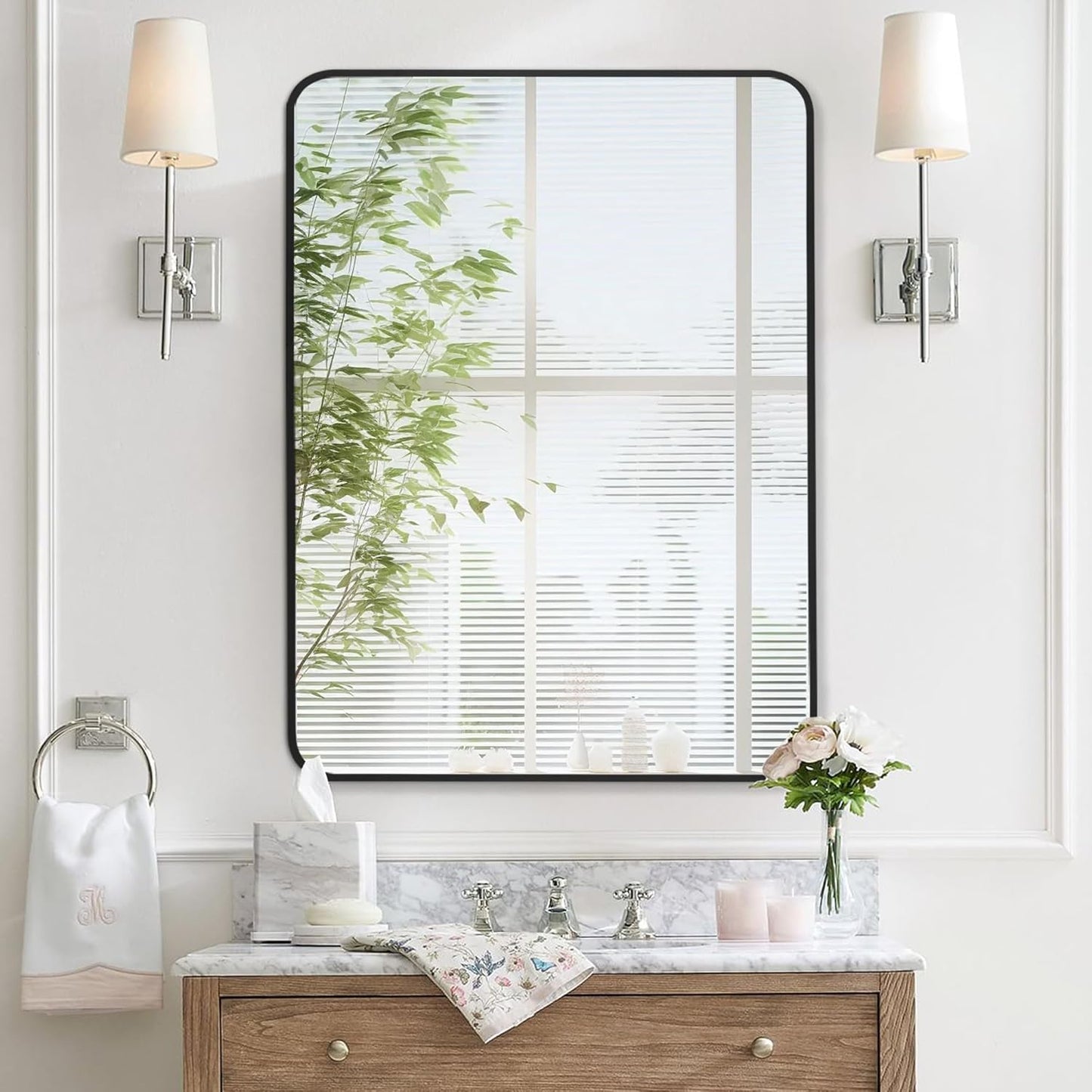 24x36 Inch Rectangle Bathroom Mirror with Black Metal Frame, Rounded Corner Rectangular Vanity Mirror for Wall, Modern Large for Bedroom, Living Room, Horizontal or Vertical