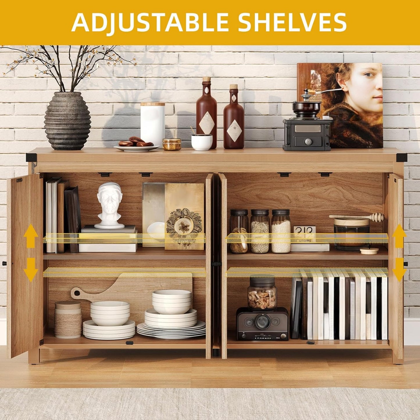 DWVO 55'' Sideboard Buffet Cabinet with Storage, Farmhouse Kitchen Storage Cabinet with Doors, Large Coffee Bar Cabinets with Adjustable Shelves for Kitchen, Living Room, Oak