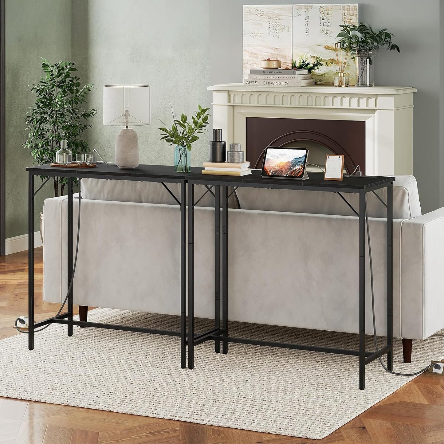 HOOBRO Bar Table with Charging Station, Rectangular Pub Table, High Top Coffee Table, Counter Bar Height Table, Narrow Long Dining Table, 35.4" L x 15.7" W x 35.6" H, Black BB90UBT01N1