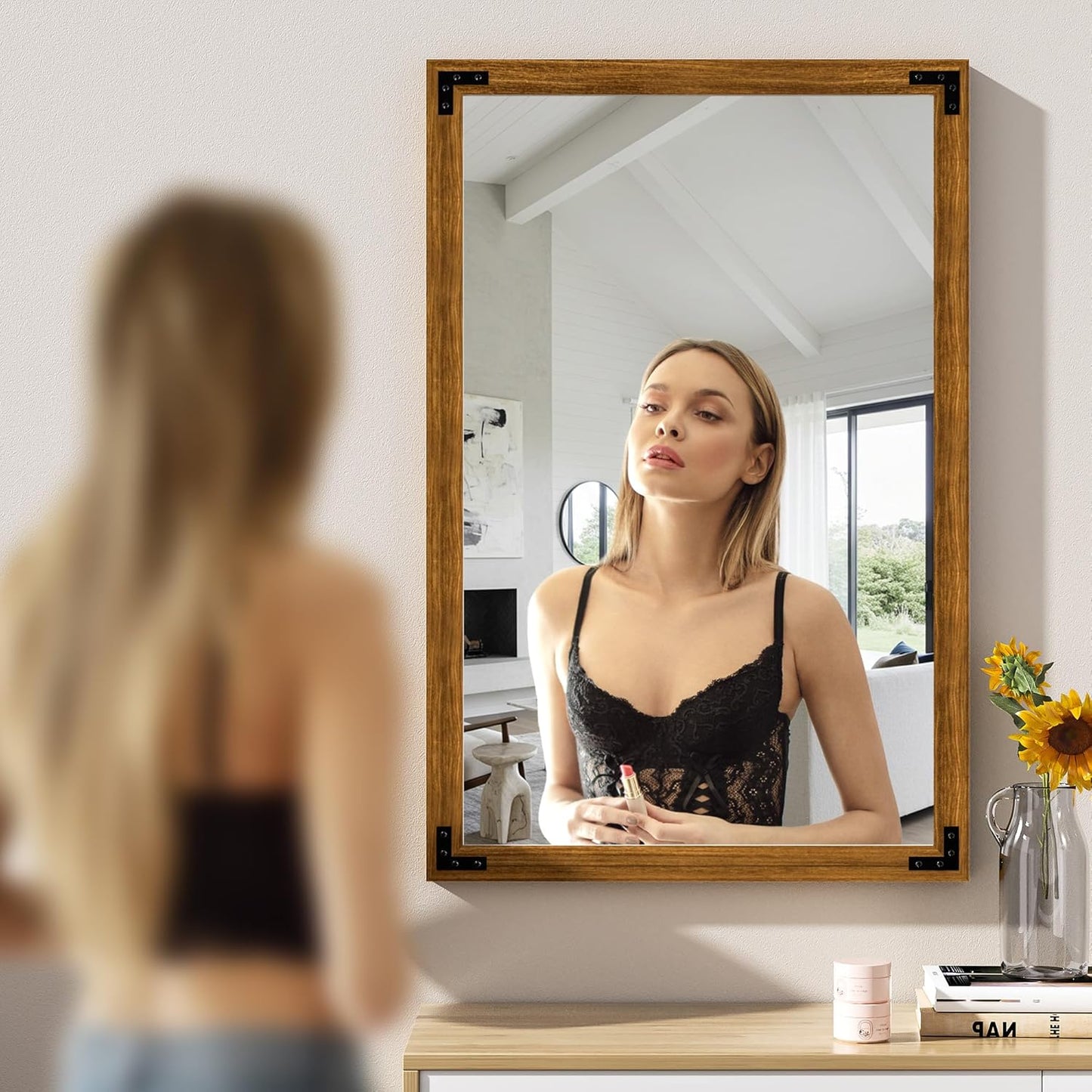 Hasipu Farmhouse Bathroom Mirror, 24"x36" Rustic Wood Framed Wall Mounted Mirror, Walnut Vintage Vanity Mirror Modern Farmhouse Style Decrative Mirrors