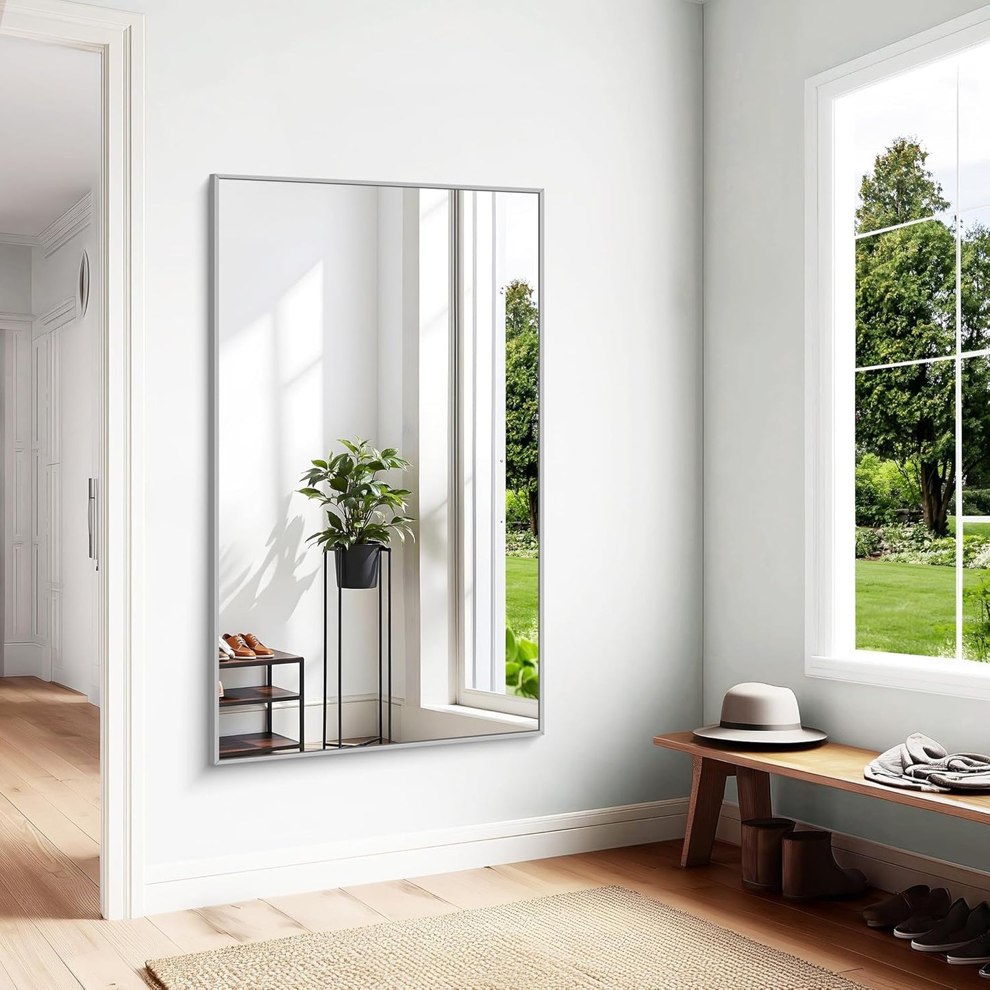 KOCUUY Large Silver Bathroom Mirror, 60x36 inch Rectangular Mirror for Bathroom Sink, Oversized Mirror with Metal Brushed Nickel Frame for Living Room, Farmhouse, Entryway, Hang Horizontal/Vertical