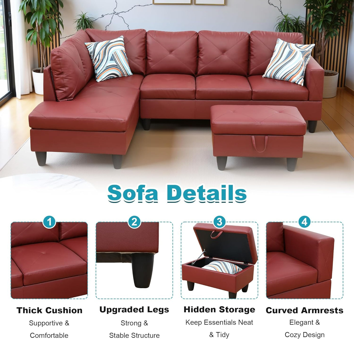 97" Oversized Sectional Couch, L Shaped Couch with Storage Ottoman, Modern Modular Sofa with Deep Seat, Sectional Couches for Living Room and Office, Red (Faux Leather)