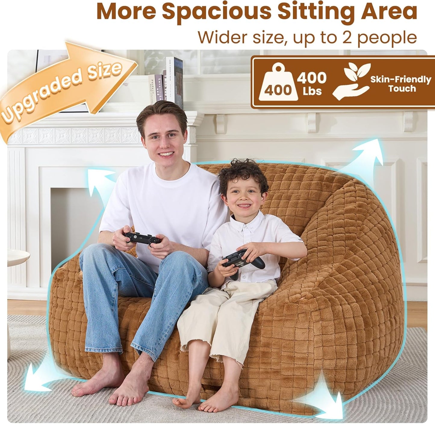 Bean Bag Chairs for Adults, Giant Beanbag Sofa Comfy Reading Chair, Oversized Bean Bag Chairs for Living Room Bedroom, Soft Faux Fur Fabric, 3.2FT, Khaki, Checkered