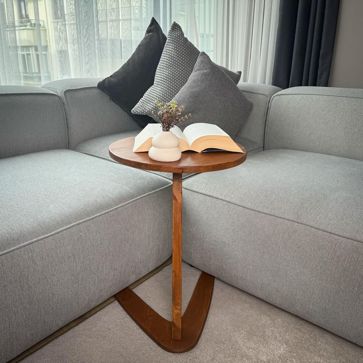 C-Shaped Handmade Solid Wood End Table, Side Table for Couches, Sofa Tables Slide Under Couch for Living Room, Over Couch TV Tray Table for Small Spaces (Medium, Chestnut)