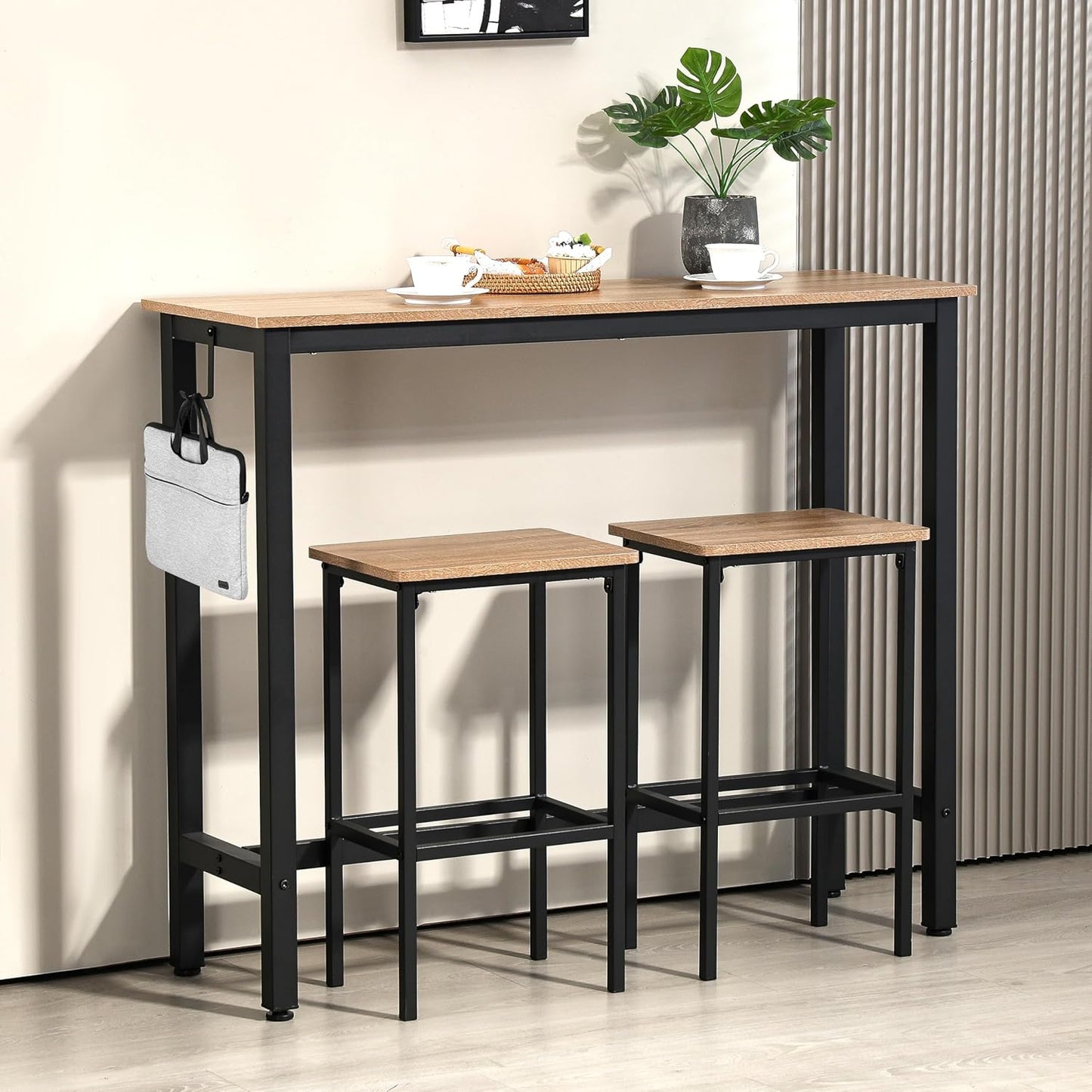 Finnhomy 47" Industrial Bar Table Set with 2 Stools - Counter Height Dining & Pub Table for Small Spaces, Kitchen, Apartment, Breakfast Nook - Metal & Wood, Space-Saving Furniture - Greige