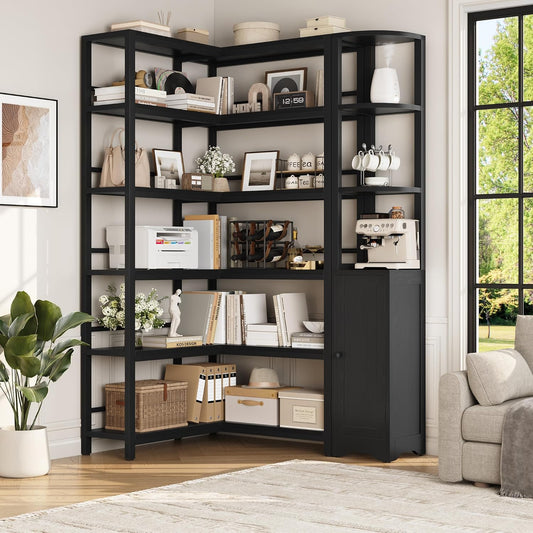 Keyluv Black Corner Bookshelf 72" Tall Corner Book Shelves Cases 2 Pieces Open Bookcase Large Storage Display Shelf Standing 6 Tier Shelving Unit with Cabinet for Home office Living Room, Wood & Metal