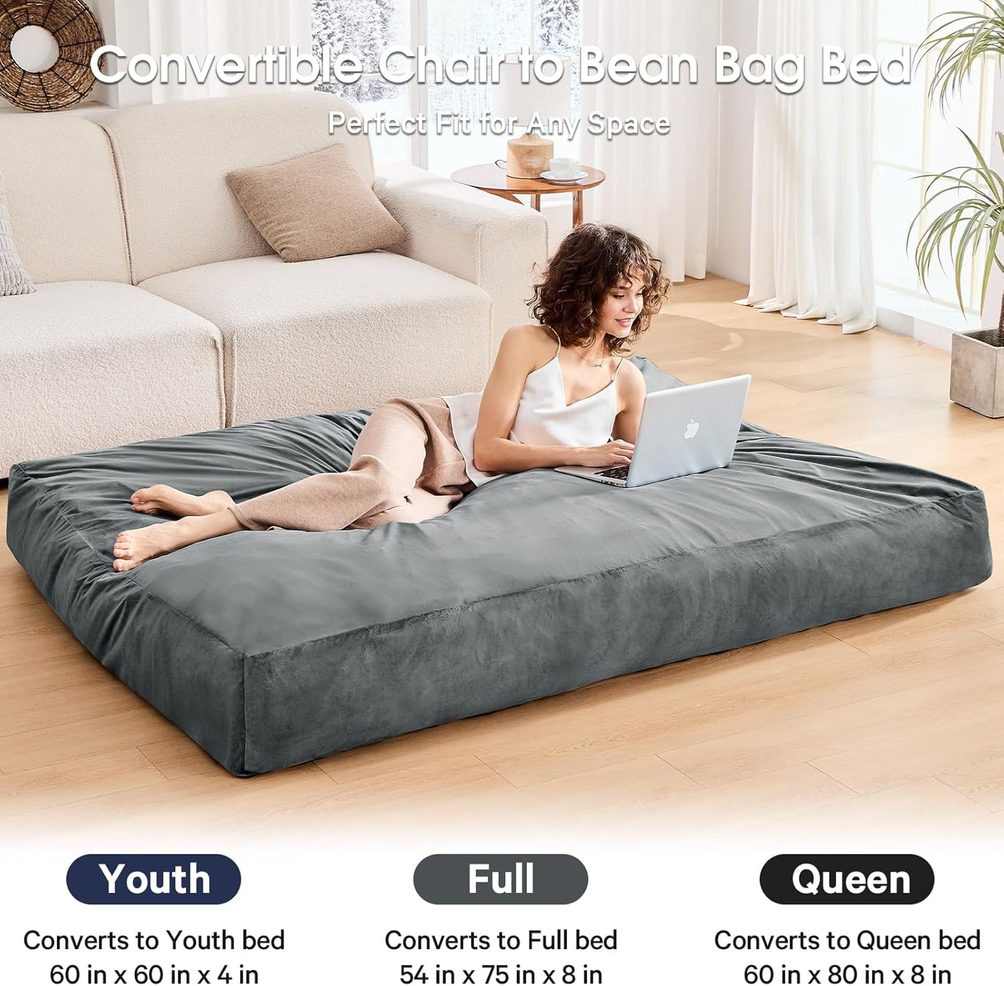 Bean Bag Chairs for Adults - Giant Bean Bag Chair Convertible Bean Bag Bed - Beanbag Chair with Micro Fiber Cover/Furniture Foam Filler - Floor Couch Sofa in Bedroom Dorm Room - Queen Charcoal