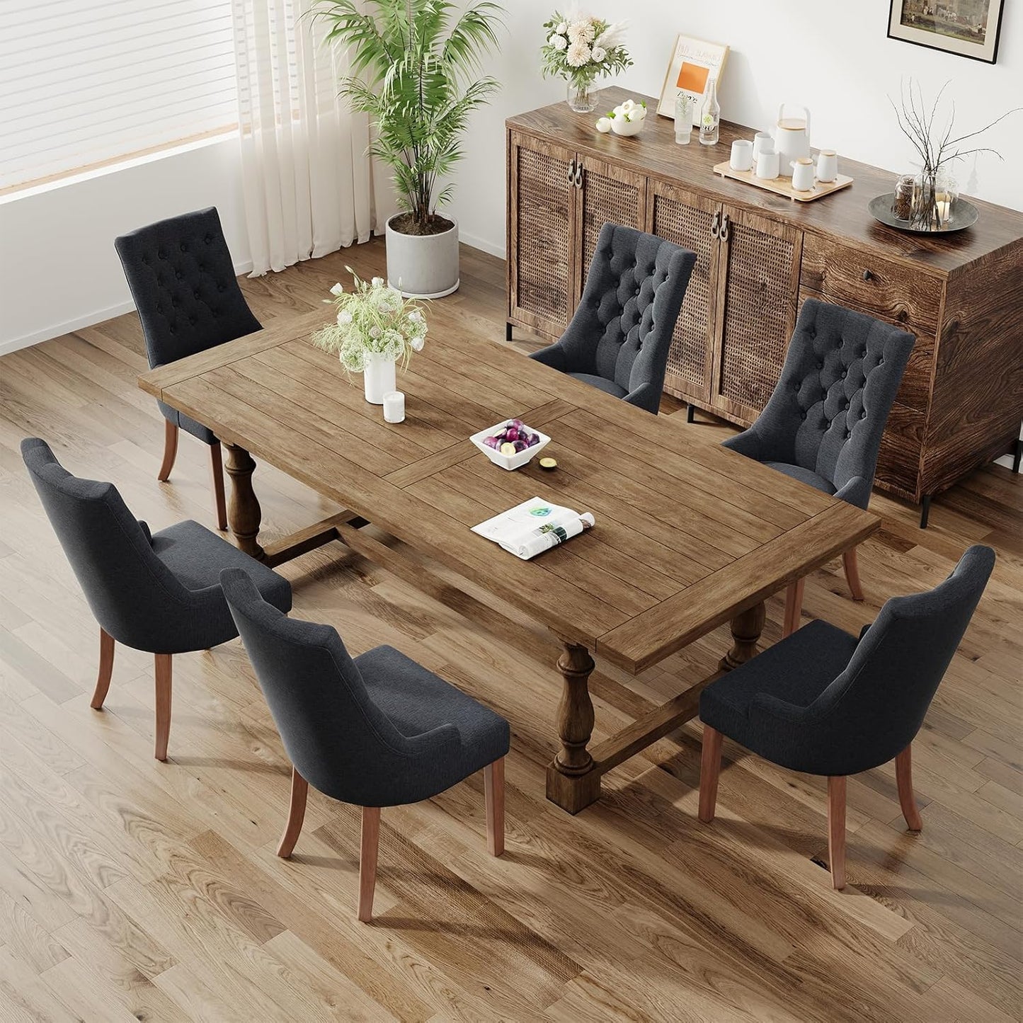 COLAMY Wingback Upholstered Side Dining Room Chairs Set of 6, Fabric Dining Chairs with Tufted Button, Living Room Chairs for Home Kitchen, Black