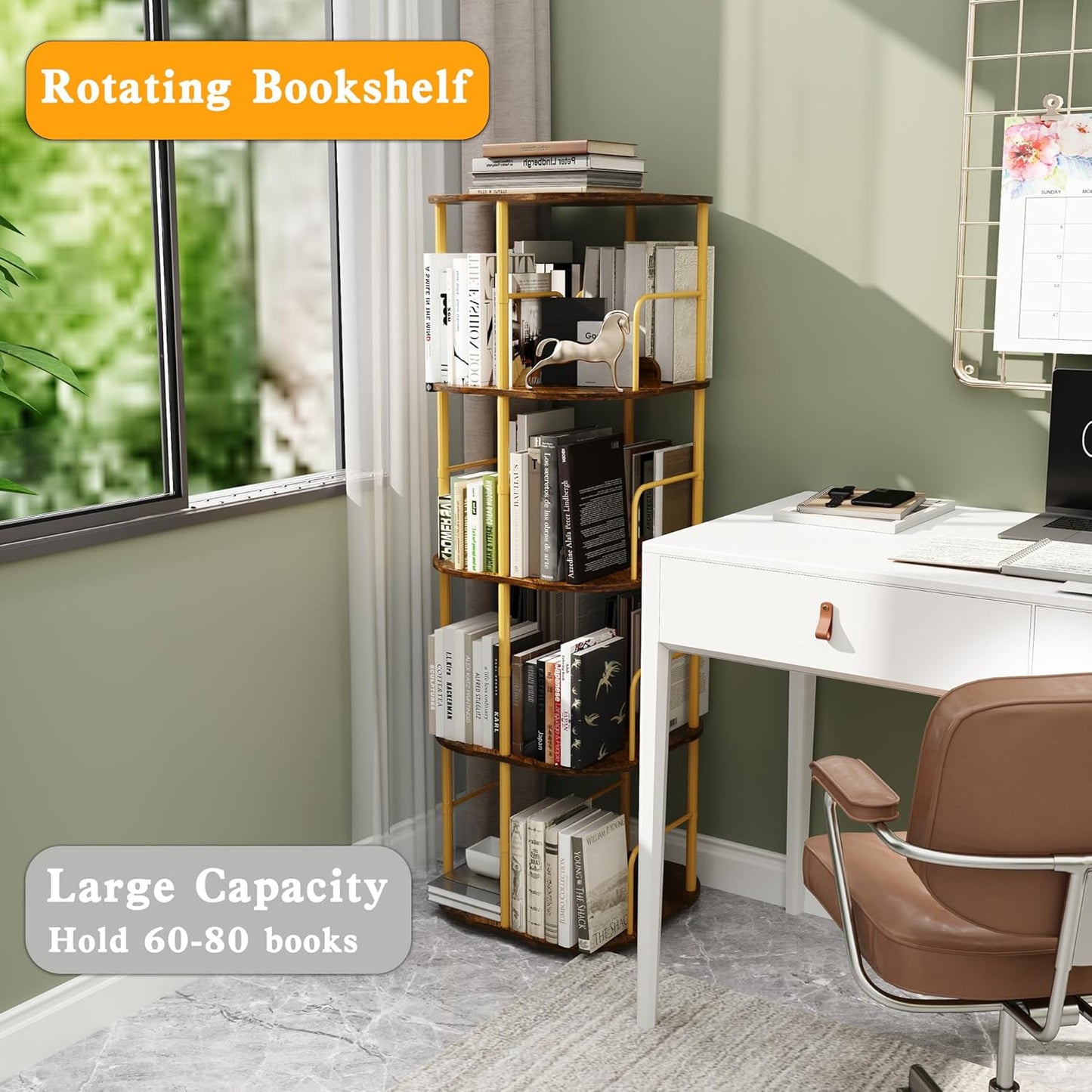 4-Tier Rotating Bookshelf, 360 ° Display Stackable Spinning Bookshelf Tower, Narrow Space Saving Tall Floor Standing Swivel Bookcase Corner Organizer for Bedroom, Living Room, Gold