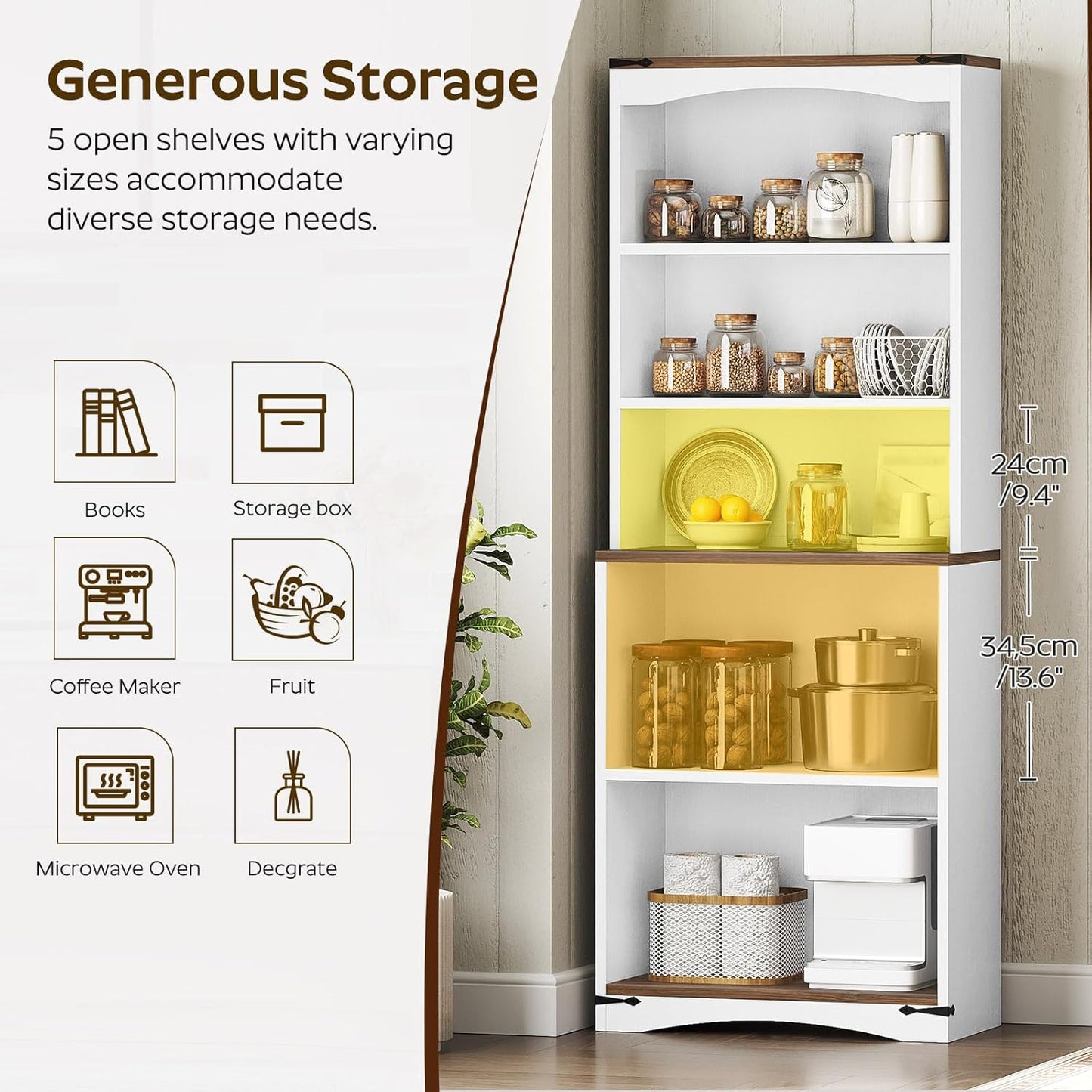 Tall Bookcase and Bookshelf, 6-Tier Bookcase with Storage, 63" Wooden Bookshelf, Farmhouse Freestanding Display Storage Shelves for Home Office, Living Room, White and Natural SJ09WH