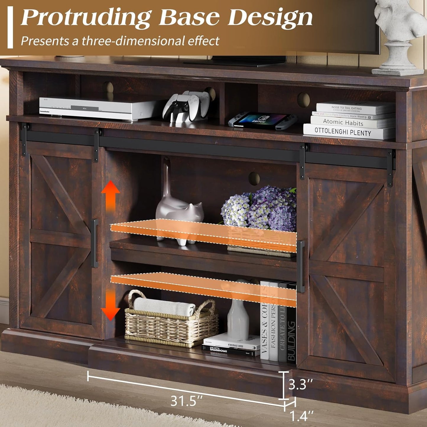 66" Farmhouse TV Stand for 75 Inch TVs, 40" Tall Entertainment Center with Sliding Barn Doors, Rustic Media Console Table Storage Cabinet with Adjustable Shelves, Living Room, Sawdust Brown