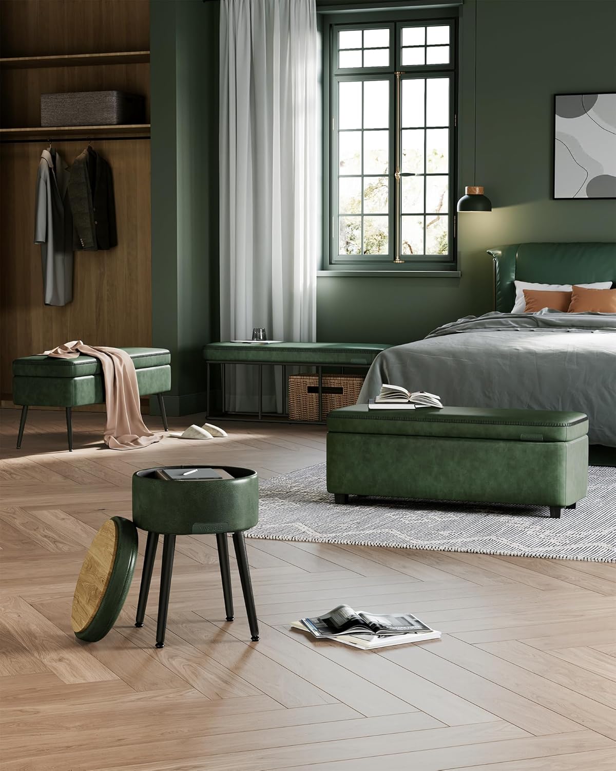 VASAGLE EKHO Collection - Storage Ottoman Bench, Entryway Bedroom Bench, 25 Gallons, Synthetic Leather with Stitching, Mid-Century Modern, Safety Hinges, Loads 660 lb, Forest Green ULOM075C01