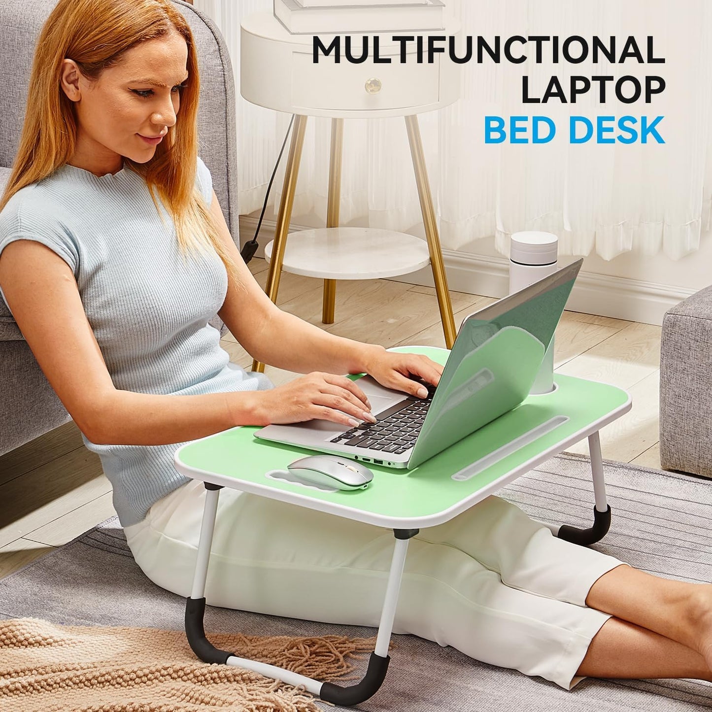 BUYIFY Folding Lap Desk, 23 Inch Portable Wood Green Laptop Bed Desk Lap Desk with Cup Holder, for Working Reading Writing, Eating, Watching Movies for Bed Sofa Couch Floor