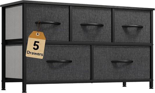 DWVO Dresser with 5 Drawers - Fabric Storage Tower, Black Dresser & Chest of Drawers, Organizer Unit for Bedroom