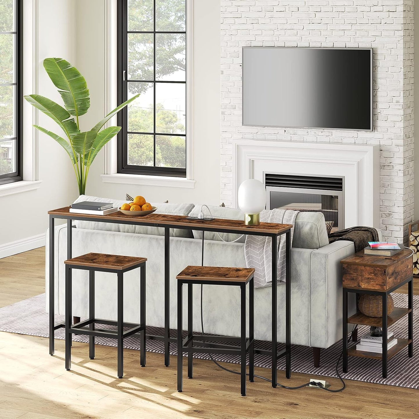 Bar Stools, Set of 2 Bar Chairs, Kitchen Breakfast Bar Stools with Footrest, 25.8" Dining Stools, Rectangular Industrial Bar Chairs, for Dining Room, Kitchen,Rustic Brown BAHR0101Z