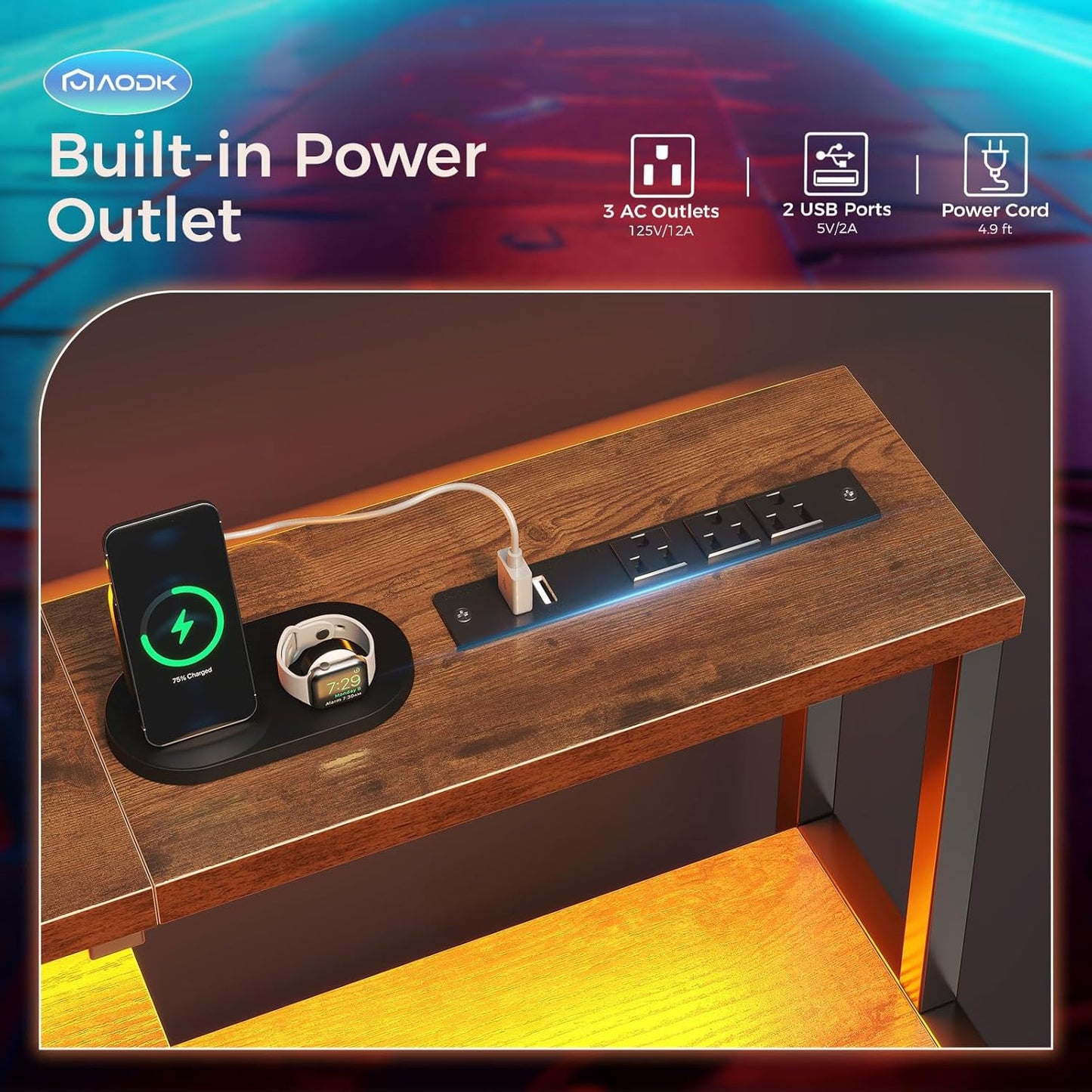 AODK Computer Desk, 48 Inch Gaming Desk with Led Lights & Power Outlet, Office Desk with Storage Shelves, Reversible Desk with Monitor Shelf & Headphone Hook, Rustic Brown