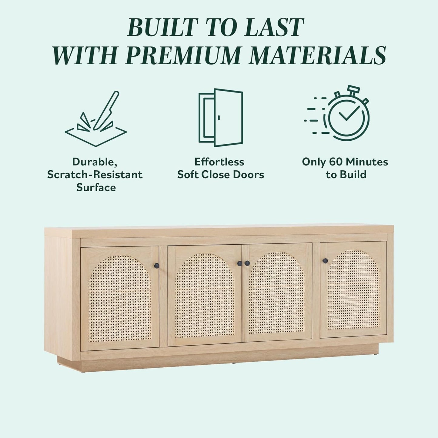 Walker Edison Sasha 4-Door Sideboard Buffet with Arched Rattan Panels, 70 Inch, Coastal Oak