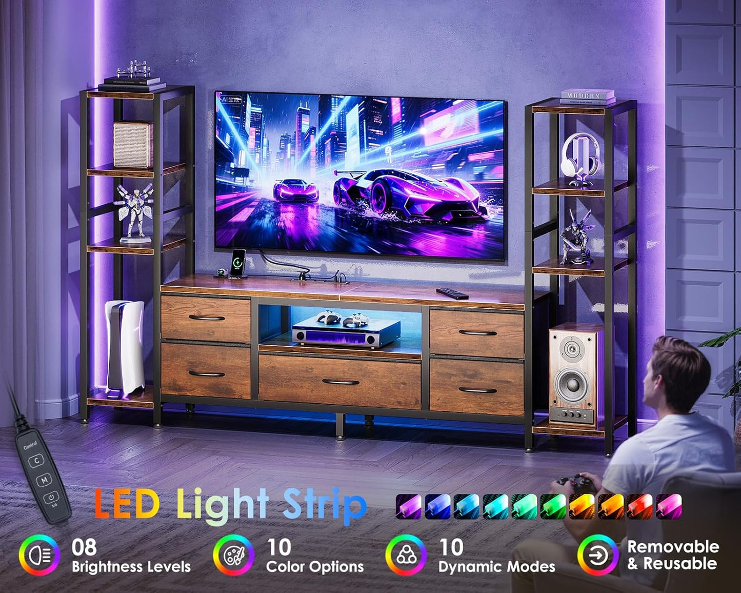 Casaottima 71" TV Stands for 43, 50, 55 Inch TV Entertainment Center with LED Lights and Power Outlets, TV Stand Living Room with 5 Fabric Drawers & Shelf, TV Console Cabinet for Bedroom, Rustic Brown