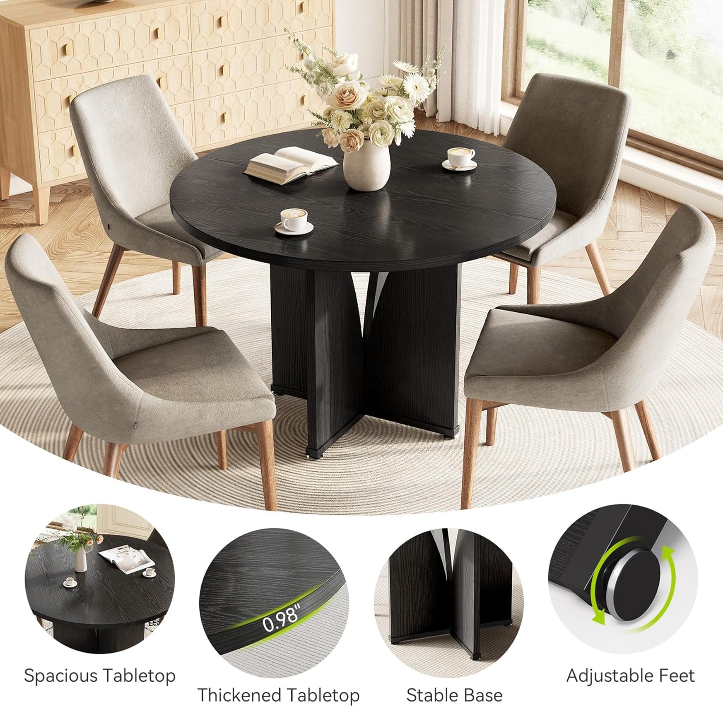 LITTLE TREE 39-Inch Dining Table for 4, Rustic Kitchen Table, Round Dining Table with X-Shaped Stable Pedestal, Farmhouse Dinner Table for Dining Room, Living Room, Black