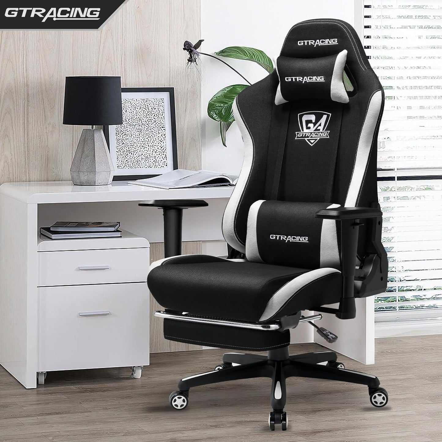 GTRACING Gaming Chair with Footrest, Fabric Breathable Big and Tall Ergonomic Computer Chair 350 lbs with Adjustable Lumbar Support and Recliner, High Back Game Chair for Office Gaming, Black