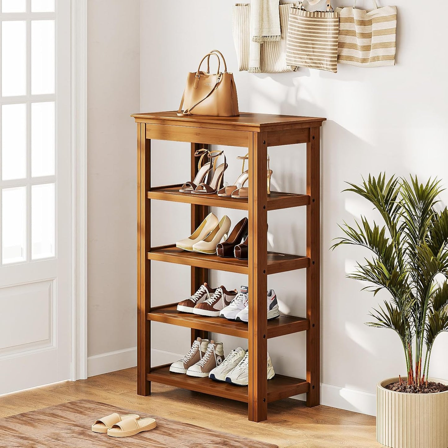 Bamworld Shoe Rack for Front Door Entrance Bamboo Shoe Organizer Free Standing Shoe Cabinet Narrow Shoe Storage Shelf for Entryway, Closet and Doorway Brown, 23.6"