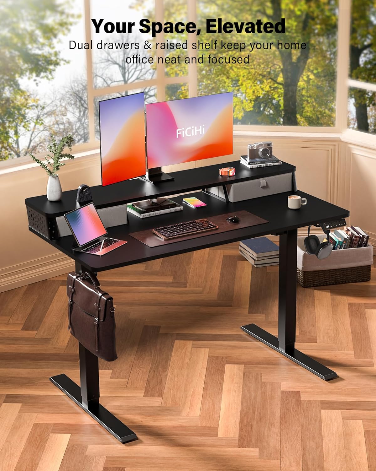 55x24 Inch Standing Desk with Double Drawers, C-Clamp Mount Compatible, Electric Adjustable Height Computer Stand Up Desks, Home Office Sit Stand Table with 3 Preset Heights & 2 Hooks, Black