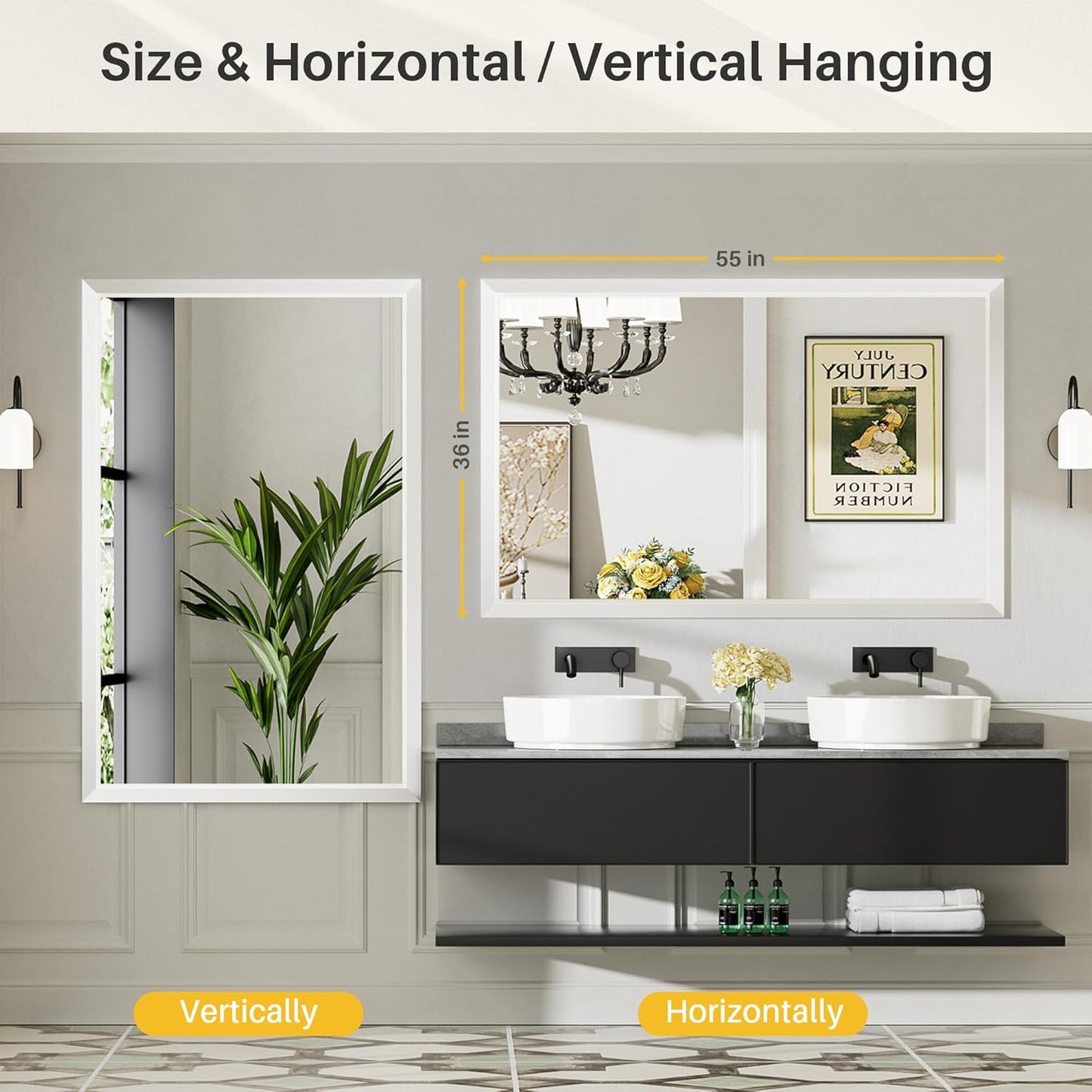 55x36 Inch White Bathroom Mirror for Wall, Thick Metal Framed Rectangle Mirrors for Over Sink, Bedroom, Living Room, Entryway, Anti-Rust, HD Tempered Glass