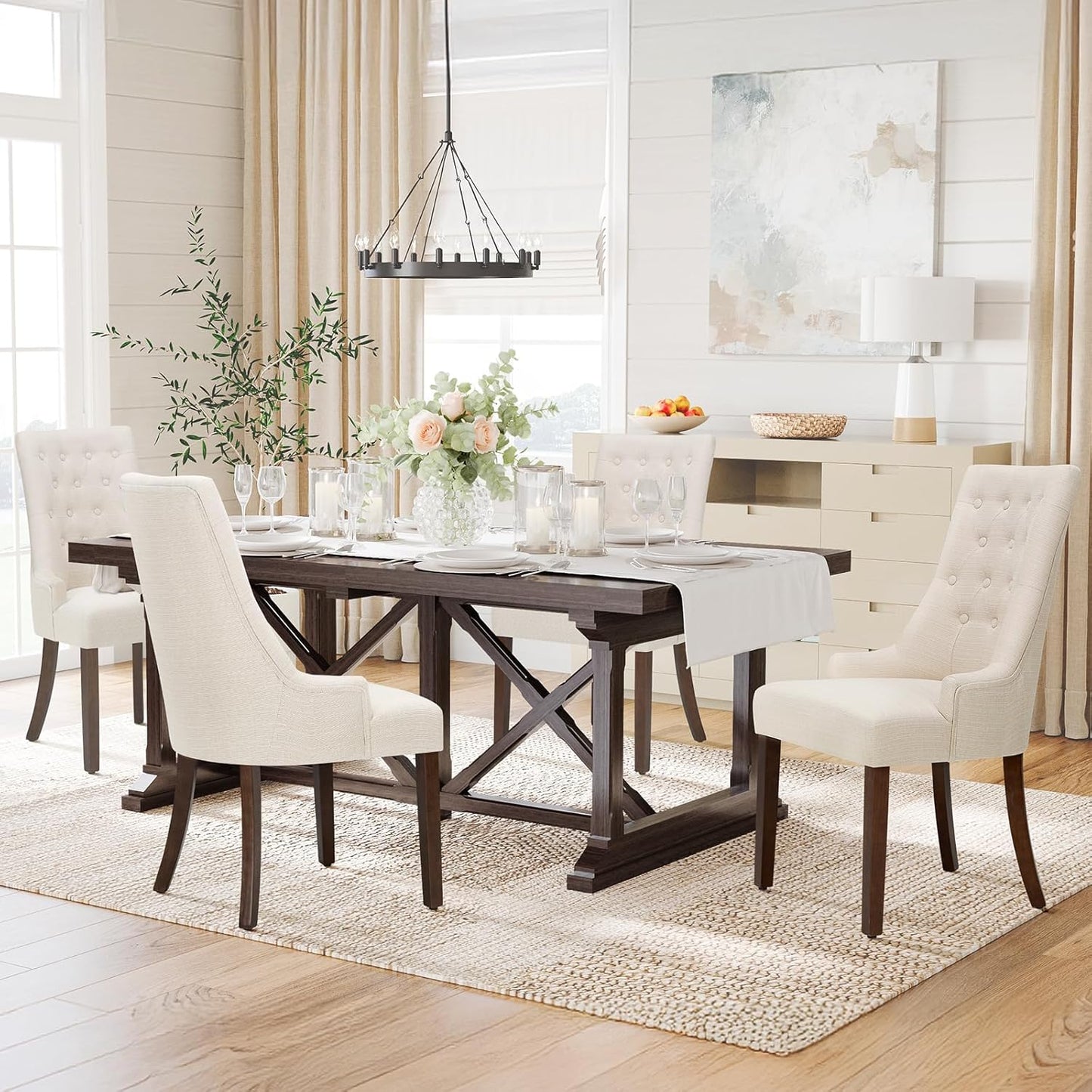 COLAMY Fabric Side Dining Chairs Set of 4, Wingback Upholstered Dining Room Chairs with Tufted Button, Living Room Chairs for Home Kitchen, Beige